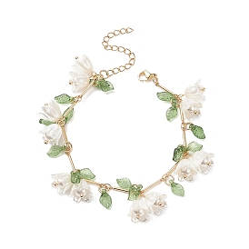 Shell Pearl Flower with Leaf Charm Bracelet with Bar Link Chains, Golden Brass Jewelry for Women