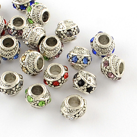 Barrel Antique Silver Plated Metal Alloy Rhinestone European Beads, Large Hole Beads, 10~11x9mm, Hole: 5mm