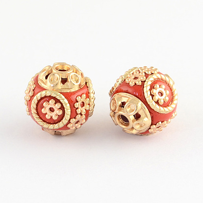 Perles rondes indonésiennes manuelles, avec des noyaux en alliage, 15x14mm, Trou: 2mm