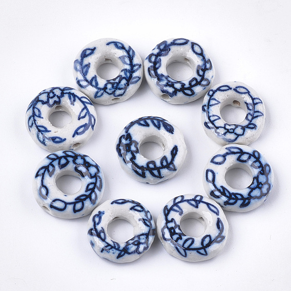 Perles à la main en porcelaine, porcelaine bleue et blanche , beignet avec feuille