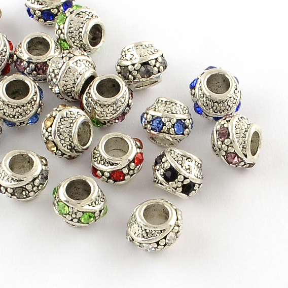 Barrel Antique Silver Plated Metal Alloy Rhinestone European Beads, Large Hole Beads, 10~11x9mm, Hole: 5mm