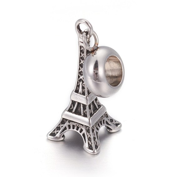Revestimiento de iones retro (ip) 304 amuletos colgantes de estilo europeo de acero inoxidable, Grandes colgantes agujero, Torre Eiffel