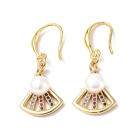 Colorful Cubic Zirconia Fan Dangle Earrings with Natural Pearl Beaded, Rack Plating Brass for Women