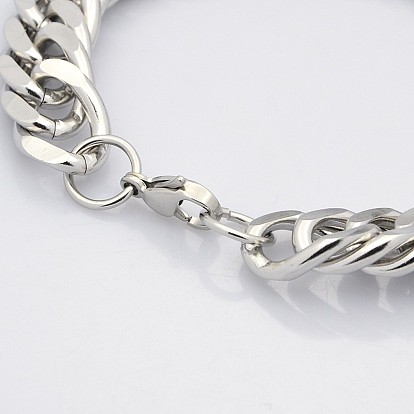 304 Stainless Steel Double Link Chain Bracelets, with Lobster Claw Clasps, Faceted, 8-5/8 inch(220mm), 14x5mm