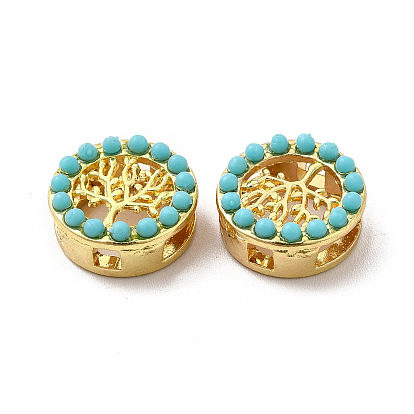Alloy Slide Charms, with Synthetic Turquoise, Flat Round with Tree of Life
