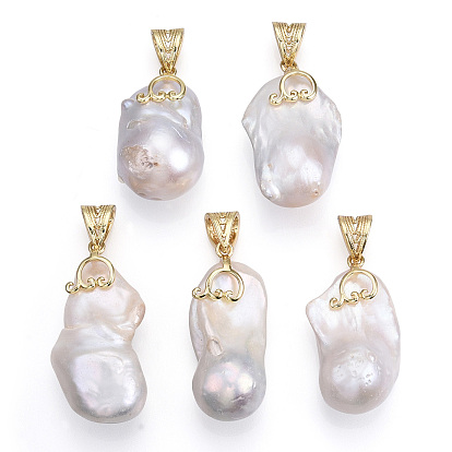 Natural Baroque Pearl Keshi Pearl Pendants, Brass Nuggets Charms with Snap On Bails, Lead Free & Nickel Free & Cadmium Free, Long-Lasting Plated