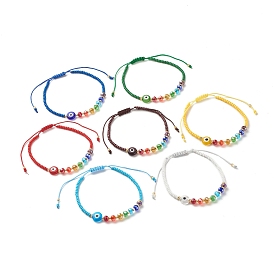 Ensemble de bracelets de perles tressées au chalumeau plat rond mauvais œil, Bracelets réglables en perles de verre de couleur arc-en-ciel pour femmes