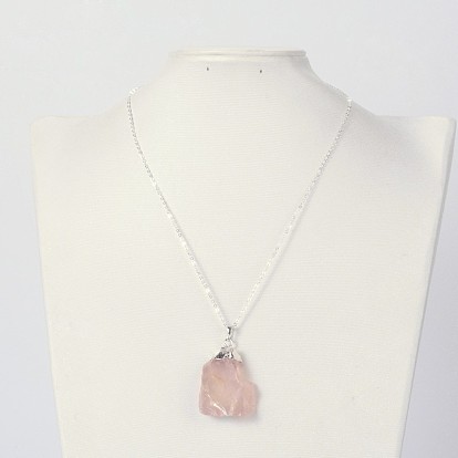 Natural Bezel Raw Rough Gemstone Rose Quartz Pendant Necklaces, with Brass Chains and Spring Ring Clasps, 18 inch 