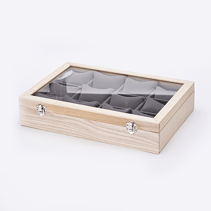 Boîtes de présentation de bracelet en bois, avec verre et oreiller de velours, 12 coussins grillagés avec couvercles pour boîtes à bijoux, rectangle