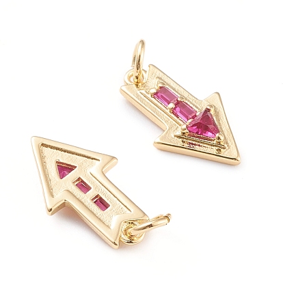 Brass Micro Pave Cubic Zirconia Pendants, with Jump Rings, Long-Lasting Plated, Arrow, Fuchsia, Real 18K Gold Plated