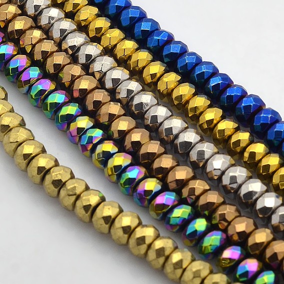 Electroplate Non-magnetic Synthetic Hematite Beads Strands, Faceted Rondelle, 6x4mm, Hole: 1mm, about 102pcs/strand, 15.7 inch