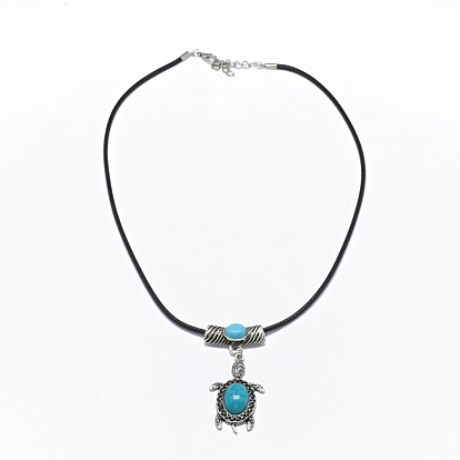 Colliers pendants d'alliage, avec cordon turquoise et ciré, tortue