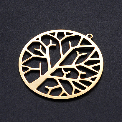 201 Stainless Steel Pendants, Filigree Joiners Findings, Laser Cut, Flat Round with Tree