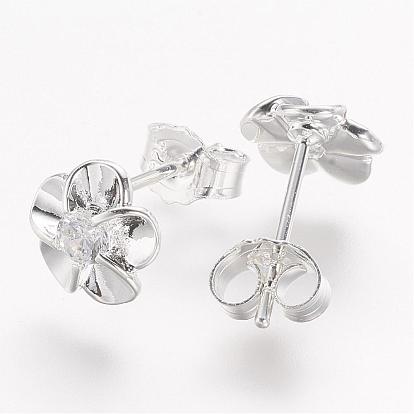 Aretes de latón con flor de platino real, con diamante de imitación, 8x8 mm