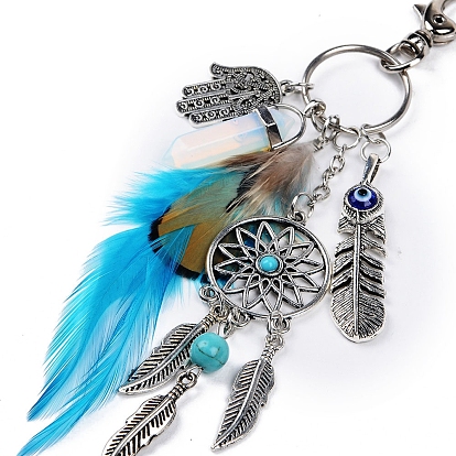 Bohemian Woven Net/Web with Feather Alloy Pendant Decorations with Opalite Bullet Charm and Hamsa Hand/Hand of Miriam Charms, for Keychain, Purse, Backpack Ornament