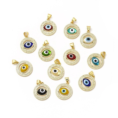 Rack Plating Real 18K Gold Plated Brass Micro Pave Clear Cubic Zirconia Pendants, with Handmade Lampwork, Cadmium Free & Lead Free, Long-Lasting, Flat Round with Evil Eye