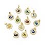 Rack Plating Real 18K Gold Plated Brass Micro Pave Clear Cubic Zirconia Pendants, with Handmade Lampwork, Cadmium Free & Lead Free, Long-Lasting, Flat Round with Evil Eye
