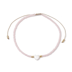 Bracelets de perles tressées en coquillage naturel et graines de verre en forme de cœur, bracelet en nylon réglable