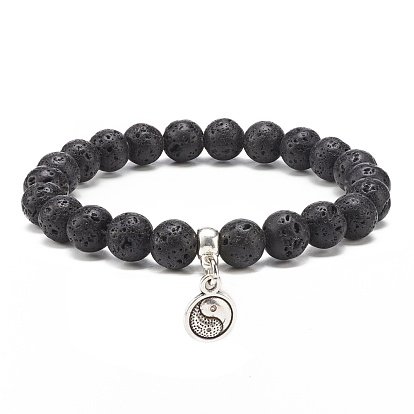 2Pcs 2 Style Natural Lava Rock & Howlite Round Beaded Stretch Bracelets Set with Alloy Yin Yang Charms, Essential Oil Gemstone Jewelry for Women