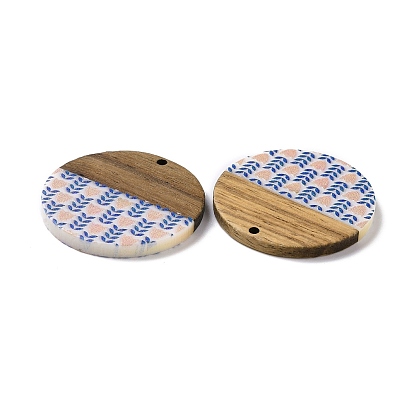 Opaque Resin & Walnut Wood Pendants, Flat Round Charms with Flower Pattern