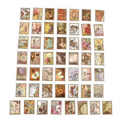 50Pcs Stamp Theme Cartoon Vinyl Stickers, Retro Waterproof Butterfly Decals for DIY Scrapbooking, Art Craft