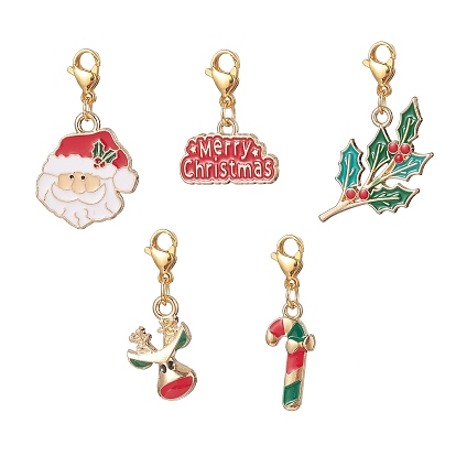 Christmas Alloy Enamel Pendant Decorations Sets, with 304 Stainless Steel Lobster Claw Clasps, Christmas Reindeer & Santa Claus & Holly Leaf & Candy Cane