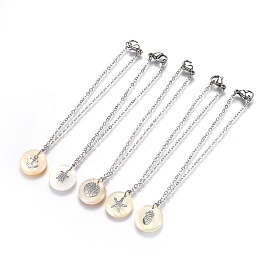 Brass Real Platinum Plated Cable Chains Bracelets, with 304 Stainless Steel Findings and Freshwater Shell Pendants, Flat Round