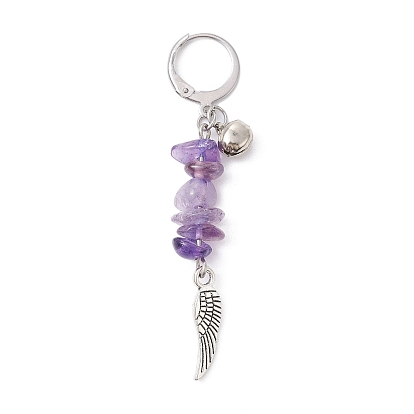 Natural Gemstone Chips Pendant Decoration, with Alloy Wing and 304 Stainless Steel Leverback Charm