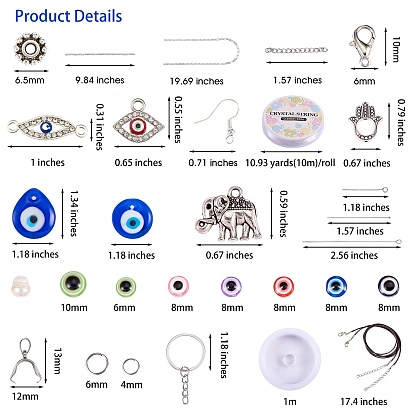 DIY Evil Eye Jewelry Set Making Kits, Including Resin Bead, Alloy Links & Charm & Clasp & Bead Frame, Stainless Steel Findings, Brass Earring Hook, Iron Key Ring, Elastic & Nylon Thread