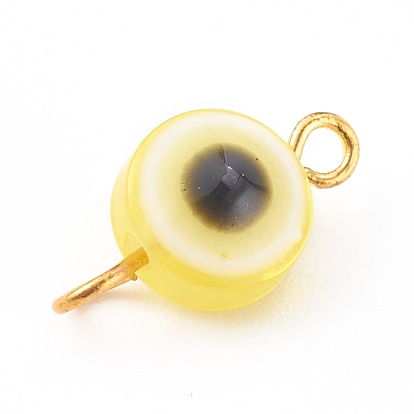 Resin Beads Link Connectors, with Golden Brass Eye Pin, Flat Round with Evil Eye