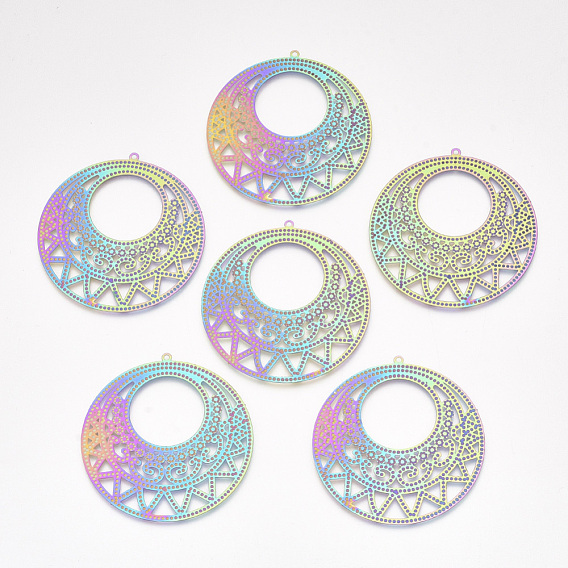 Ion Plating(IP) 304 Stainless Steel Filigree Big Pendants, Etched Metal Embellishments, Flat Round