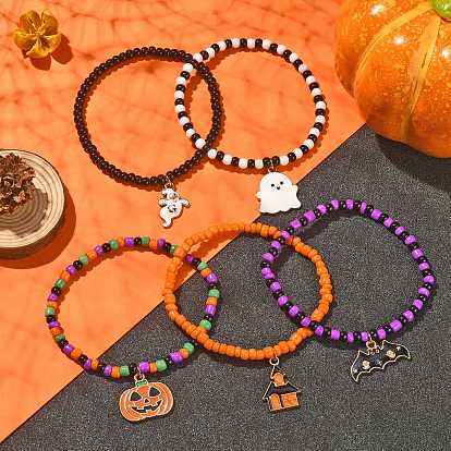 5 pcs 5 ensemble de bracelets extensibles en perles de verre de style, Breloques en alliage d'émail citrouille, chauve-souris et fantôme, bracelets empilables pour halloween