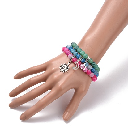 3 Ensemble de bracelets en perles d'agate patinée naturelle (teintée), bracelets à breloques soleil et étoile et lune