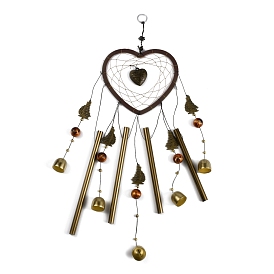Heart-shaped Woven Net/Web with Brassr Wall Hanging Decoration, Wind Chime for Home Offices Amulet Ornament