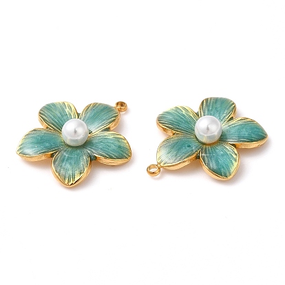 304 Stainless Steel Enamel Pendants, with ABS Imitation Pearl, Real 18K Gold Plated, Flower Charm
