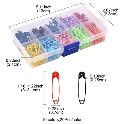 200Pcs 10 Colors Spray Painted Iron Safety Pins, Cadmium Free & Nickel Free & Lead Free