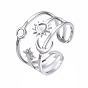304 Stainless Steel Moon and Star Open Cuff Ring, Chunky Hollow Ring for Women