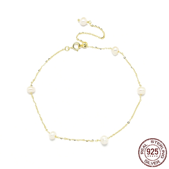 Natural Freshwater Pearls Beaded Link Bracelets, with 925 Sterling Silver Cable Chain Bracelets for Women