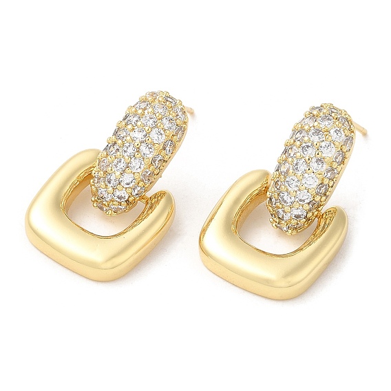 Clear Cubic Zirconia Square Dangle Stud Earrings, Brass Earrings for Women