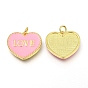 Brass Enamel Pendants, Long-Lasting Plated, Real 18K Gold Plated, with Jump Rings, for Valentine's Day, Heart with Word LOVE