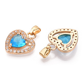 Faceted Glass Charms, with Brass Micro Clear Cubic Zirconia Findings, Heart