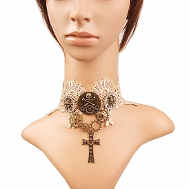 Pirate en alliage avec collier ras du cou pendentif croix, collier de dentelle de polyester crâne punk pour les femmes