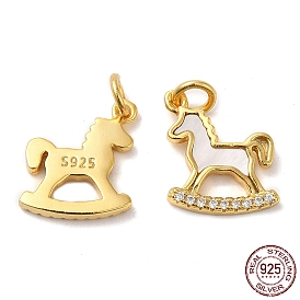 925 Sterling Silver Micro Pave Cubic Zirconia Charms, Rocking Horse Charm, with Shell & Jump Ring & 925 Stamp