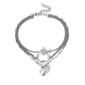 Alloy Chains Triple Layered Anklet, Star & Moon & Imitation Pearl Charms Anklet for Women