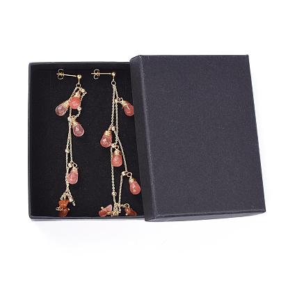 Natural Gemstone Dangle Stud Earrings, with 304 Stainless Steel Earring Findings, Brass Cable Chains & Ear Nuts & Jewelry Box