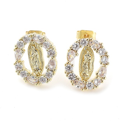 Brass Micro Pave Cubic Zirconia Stud Earrings for Women, Virgin Mary