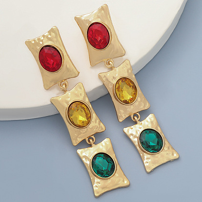 Multi-layer Square Alloy Acrylic Earrings with Colorful Diamonds - Fashionable and Bold Women's Ear Accessories