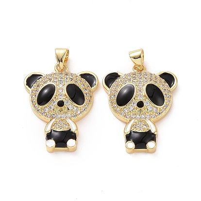 Brass Micro Pave Clear Cubic Zirconia Pendants, with Enamel, Panda Charms, Golden