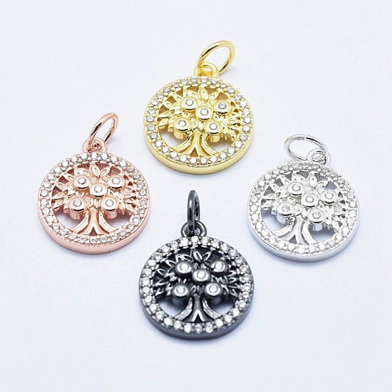 Brass Micro Pave Cubic Zirconia Charms, Long-Lasting Plated, Lead Free & Nickel Free & Cadmium Free, Flat Round with Tree