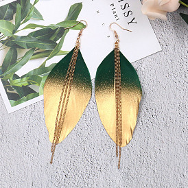 Colorful Chain Tassel Earrings with Shimmering Gold Dust and Color-Changing Feathers
